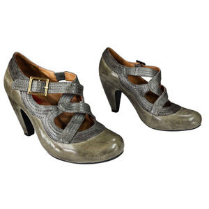 Miz Mooz SOHO Mary Jane Pumps 6 Women Heels Shoes Gray Green Leather Criss Cross